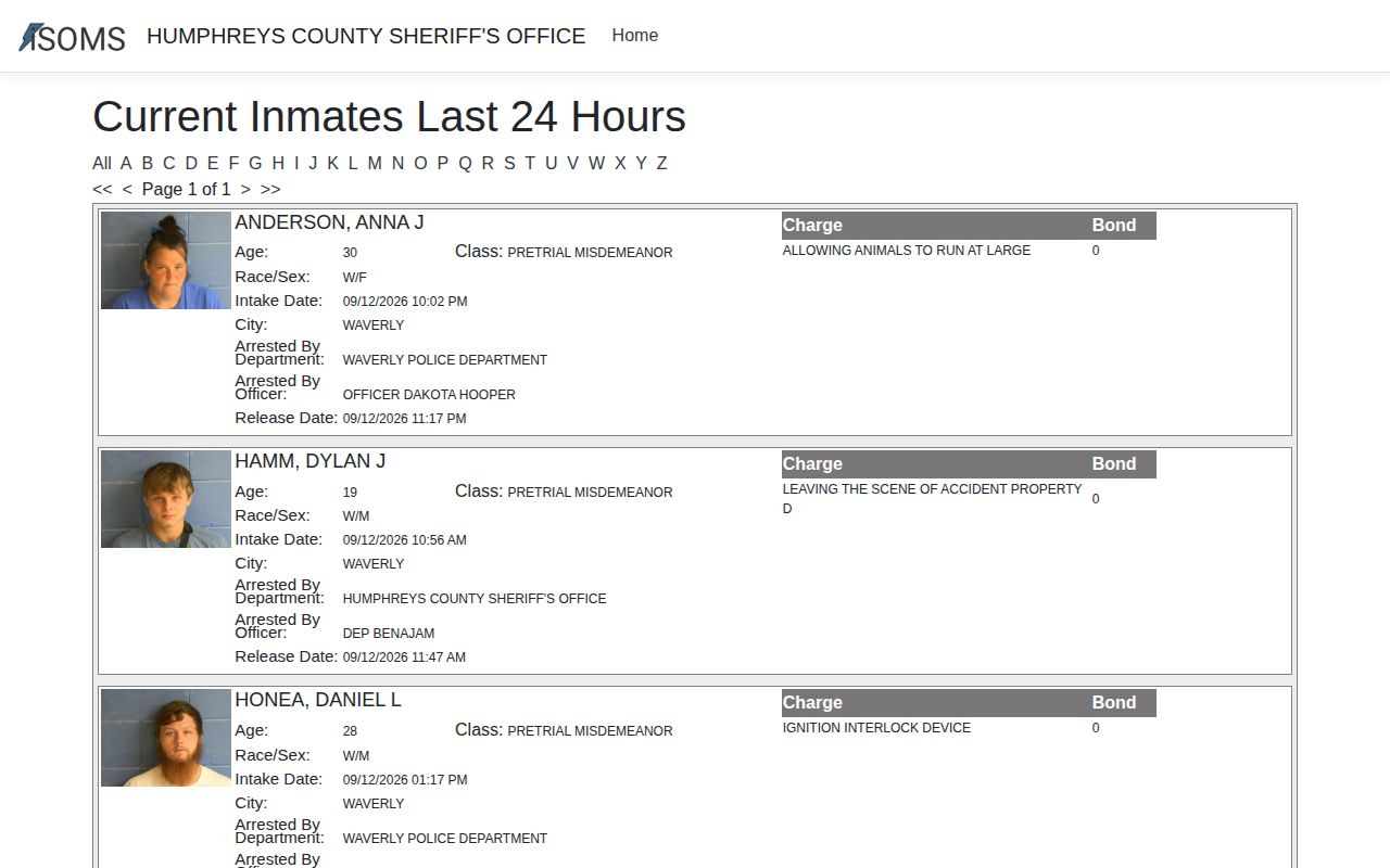 Humphreys County arrests last 24 hours official jail query