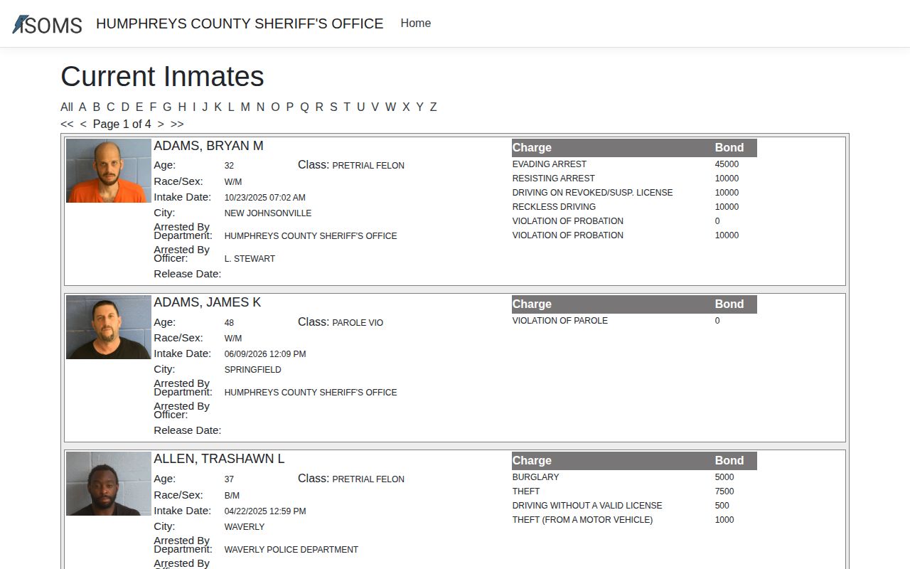 Humphreys County current inmate roster and recent arrest interface