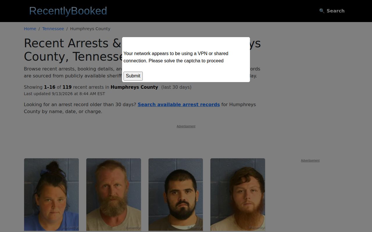 Unofficial Humphreys County recent arrest listing with source caveat