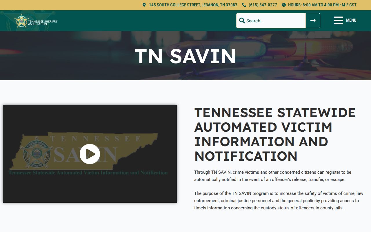 Tennessee SAVIN participation and Humphreys County custody alert information